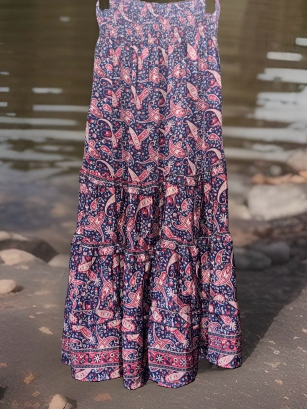 Rhea NWT Navy/Pink/Cream Paisley Boho Top and Maxi Skirt Set - Two-Piece - Picture 9 of 12